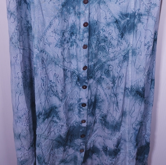Flower Blue Tie Dye Dress Free Size Embroidered Floral Stich Detail Button Front - Picture 3 of 8